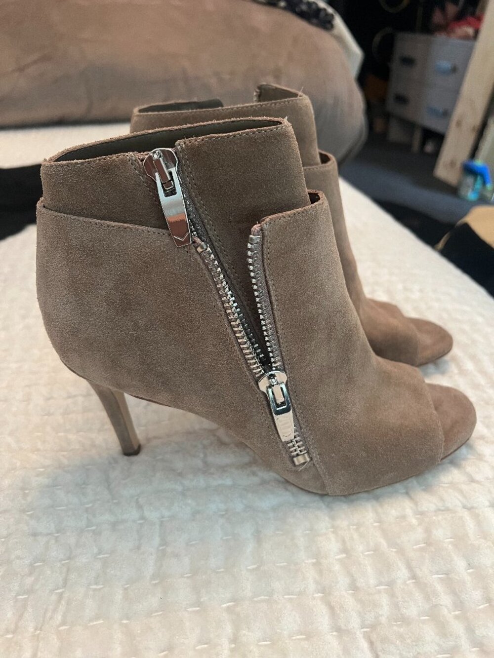 Via Spiga “Venetta” Antelope Suede Leather Dual Zip Peep Toe Booties